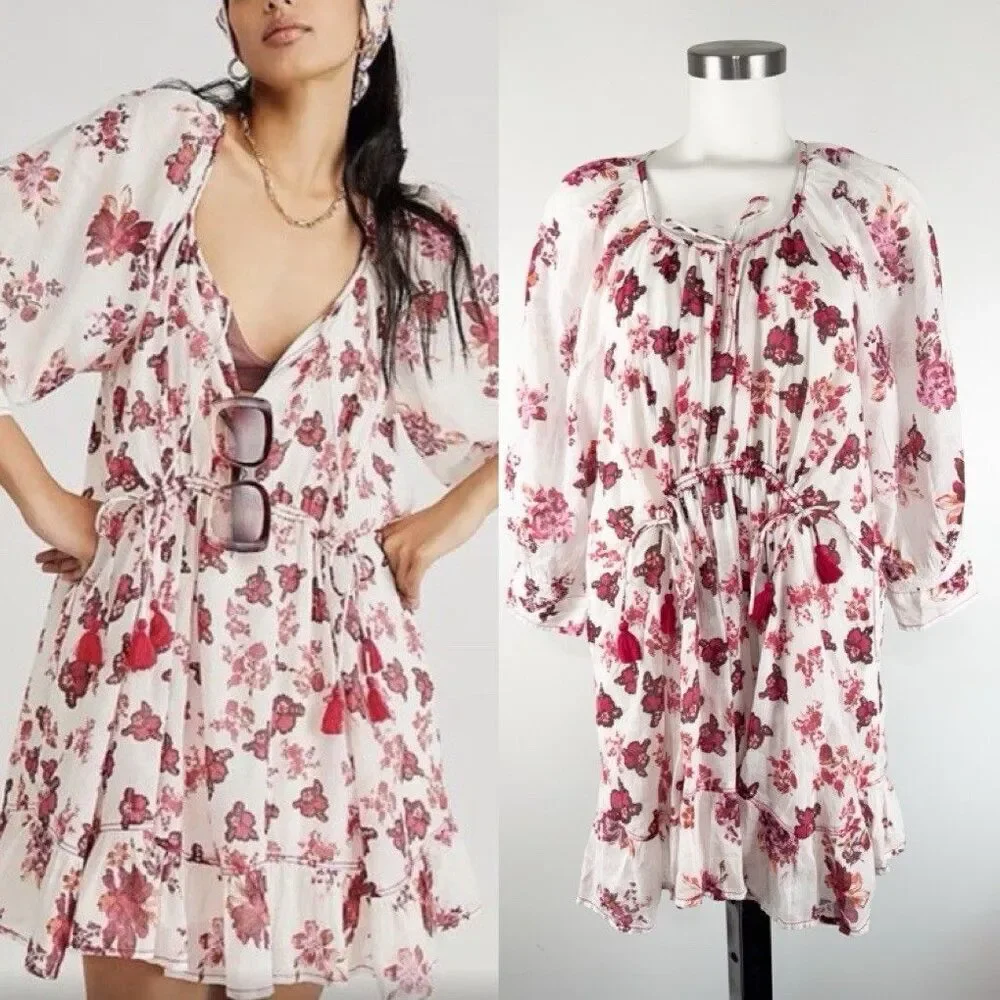 FREE PEOPLE CAMELLA MINI DRESS OB1666374 TIE-NECK FLORAL IVORY COMBO SIZE XS